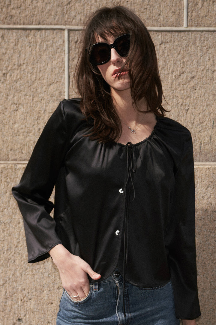 Round-neck Drawstring Silk Long-Sleeve Shirt