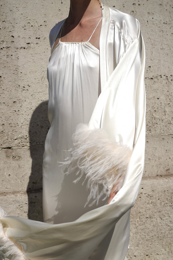 Bride-To-Be Edition | Silk Long Robe with Removable Feathers