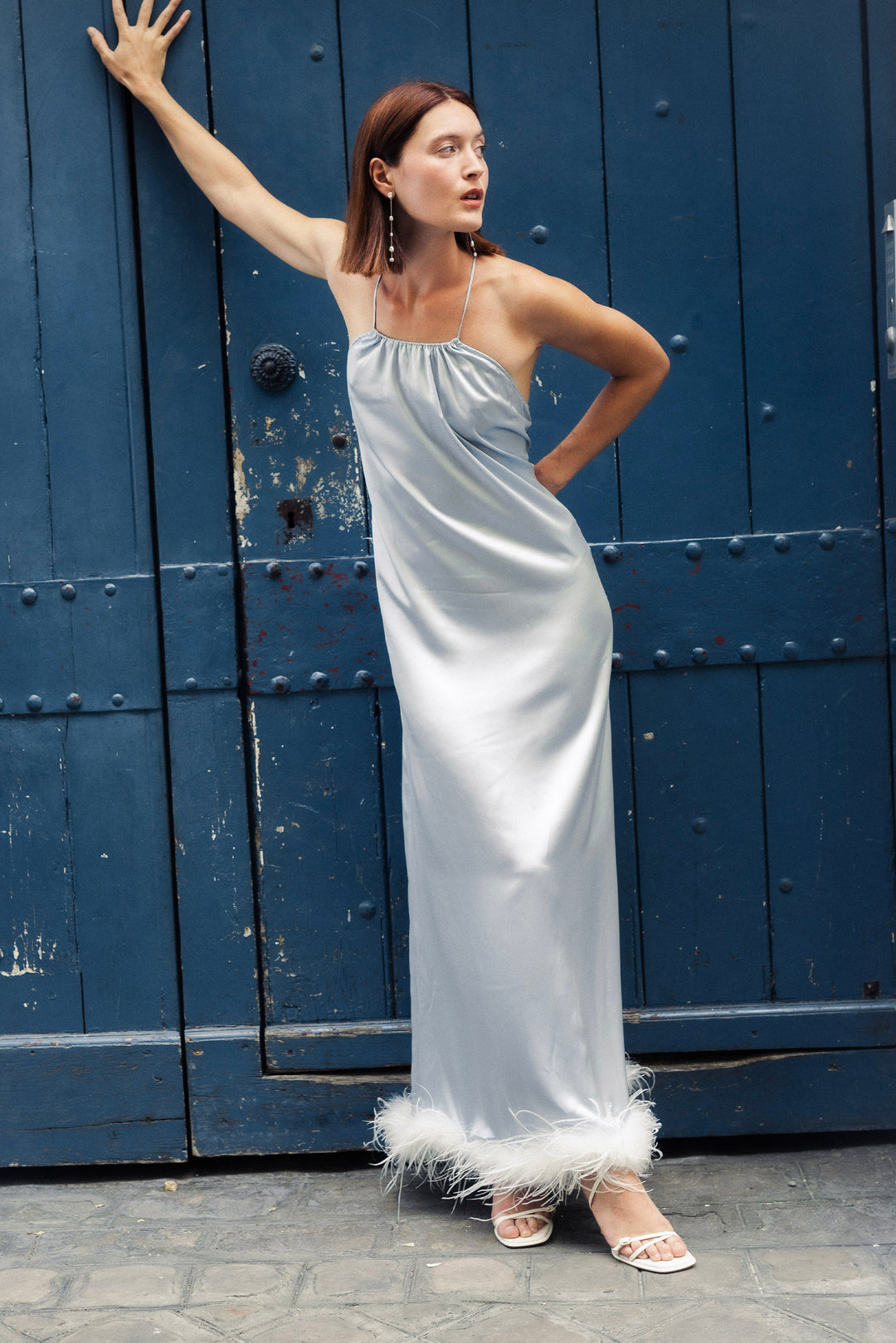 Bride-To-Be Edition | Halter Neck Silk Long Dress with Removable Feathers