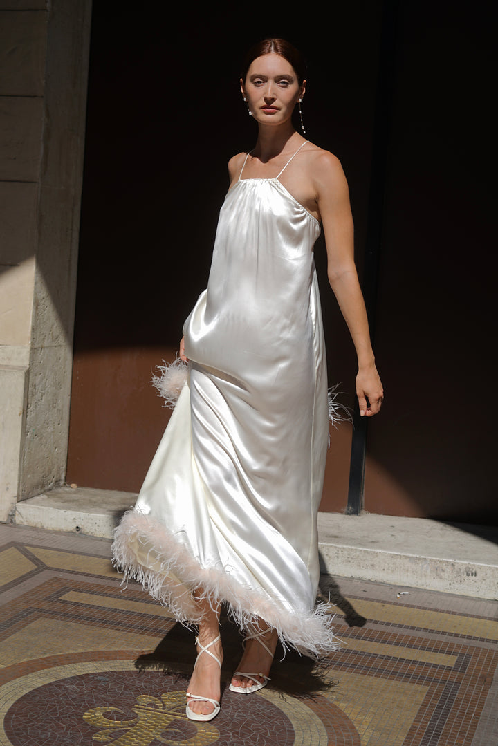 Bride-To-Be Edition | Halter Neck Silk Long Dress with Removable Feathers