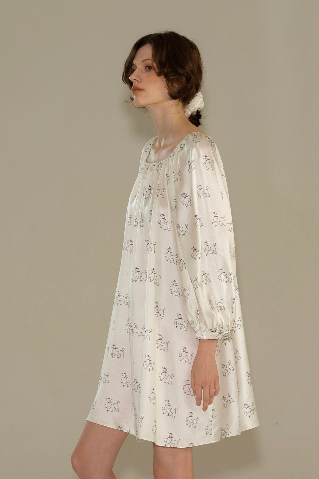 Diamond Poodles Silk Puff Sleeve Dress