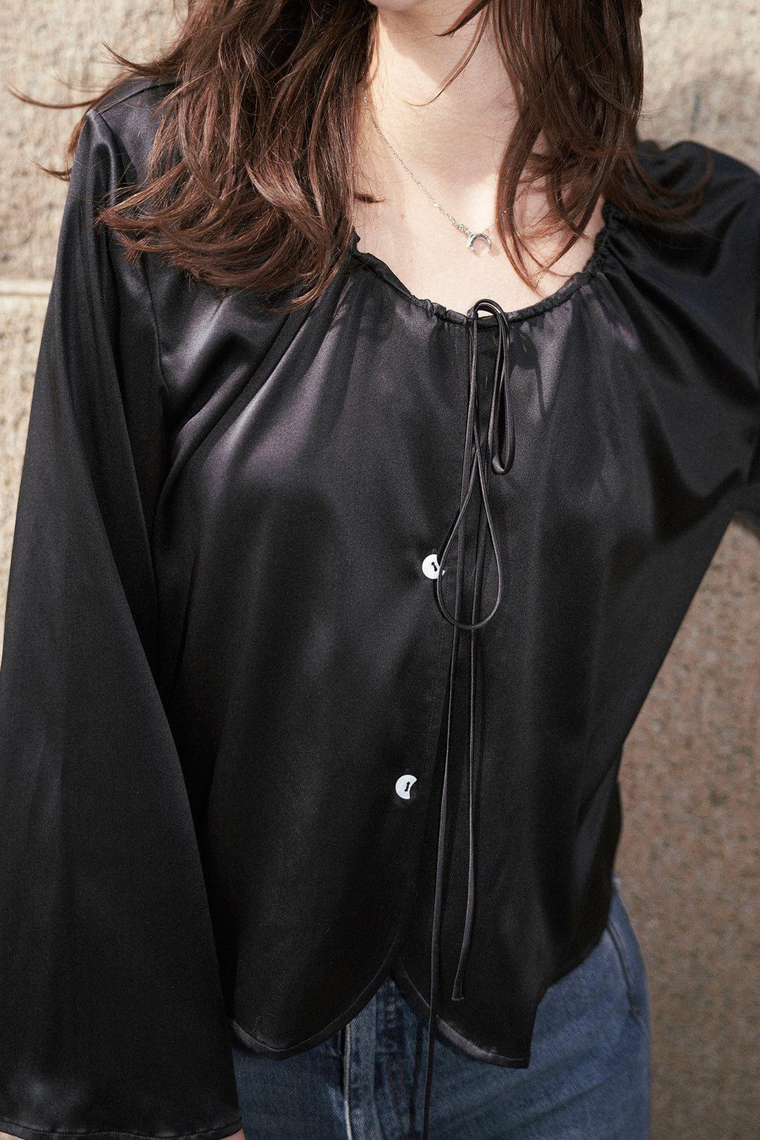 Round-neck Drawstring Silk Long-Sleeve Shirt