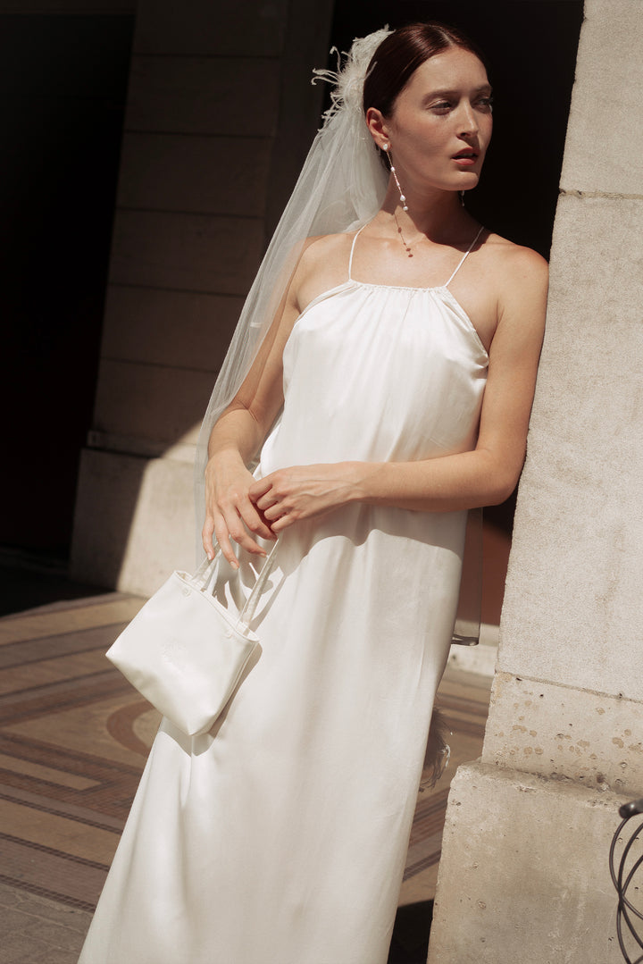 Bride-To-Be Edition | Halter Neck Silk Long Dress with Removable Feathers