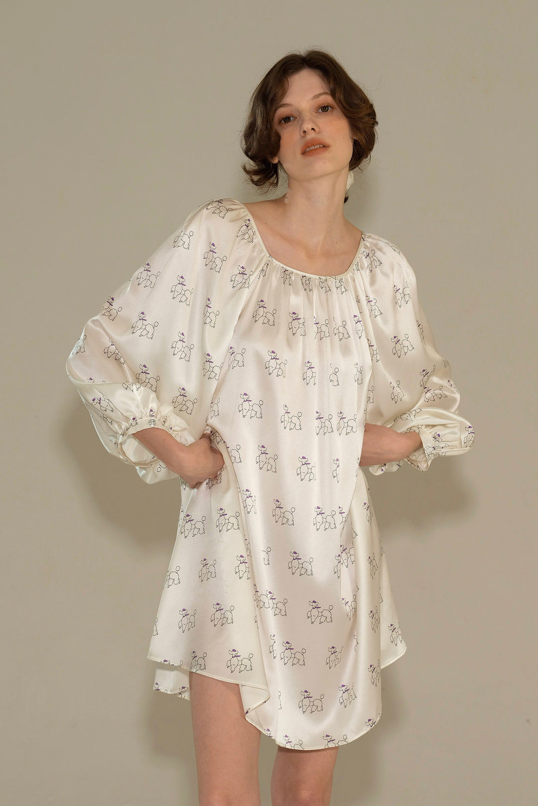 Diamond Poodles Silk Puff Sleeve Dress