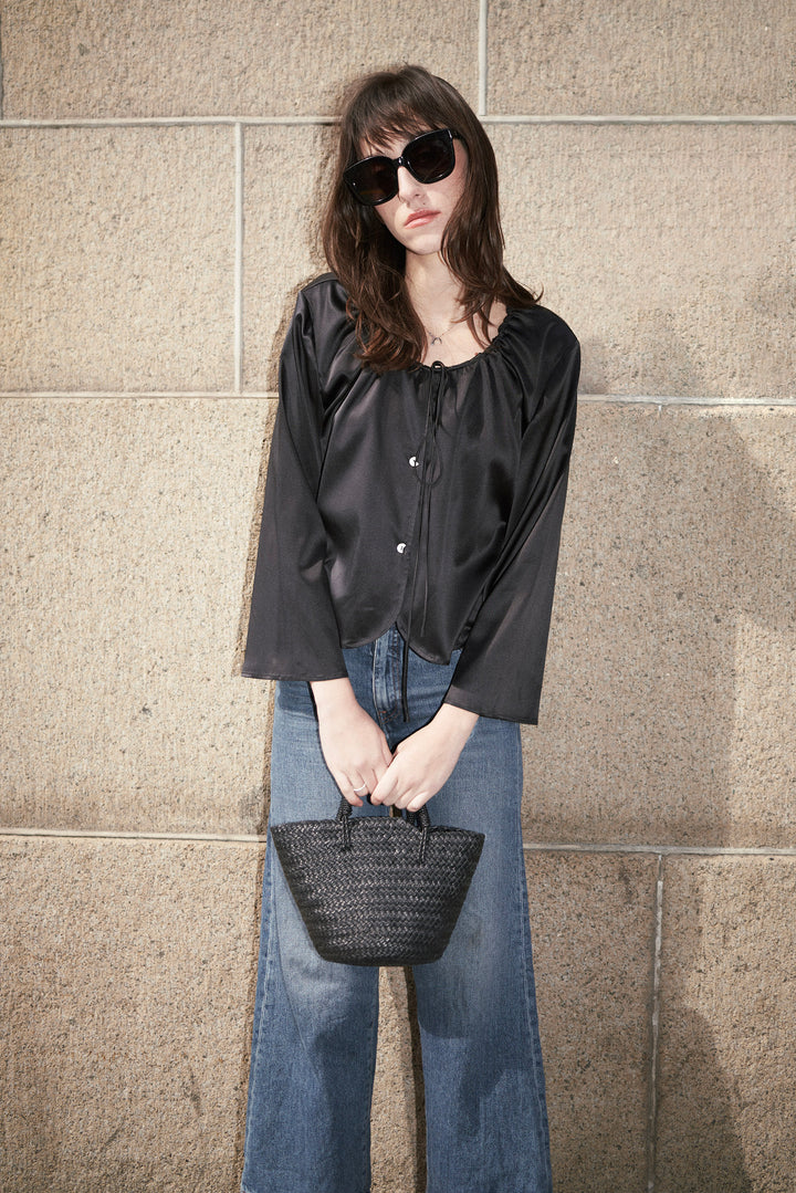 Round-neck Drawstring Silk Long-Sleeve Shirt