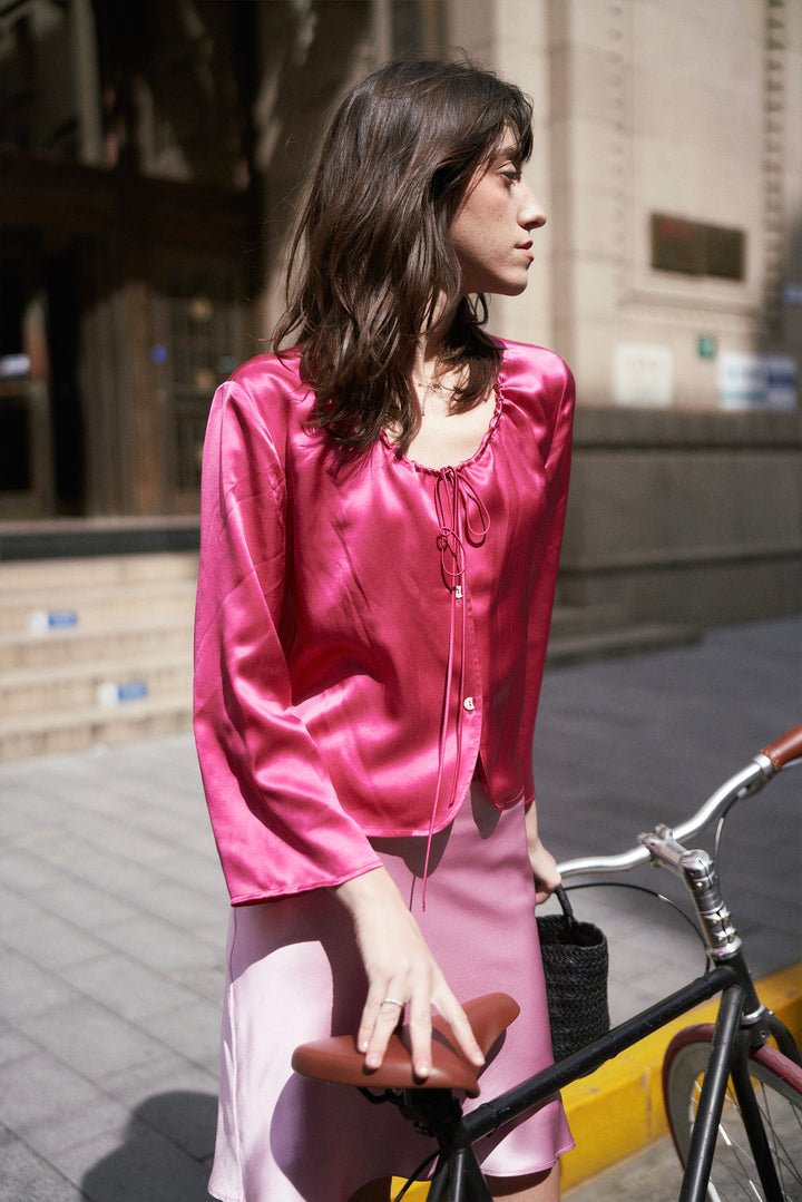 Round-neck Drawstring Silk Long-Sleeve Shirt