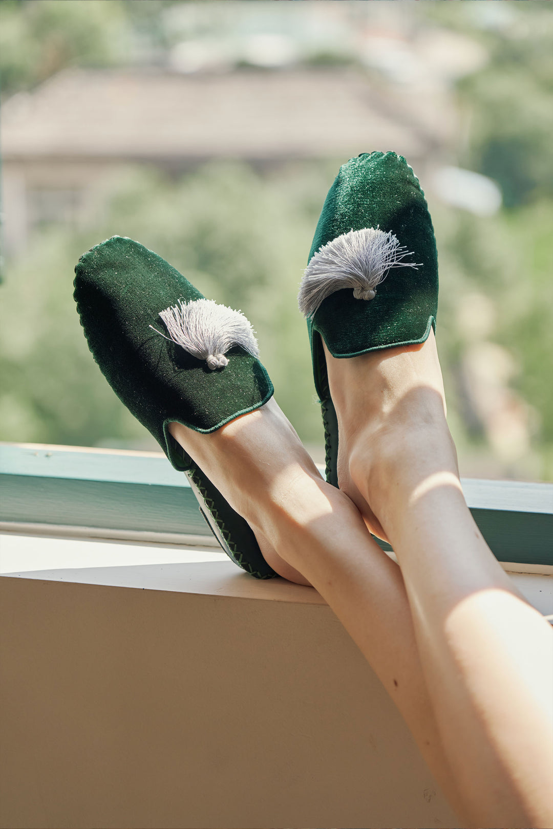 Women Classic Handmade Velvet Slippers - Dark Green