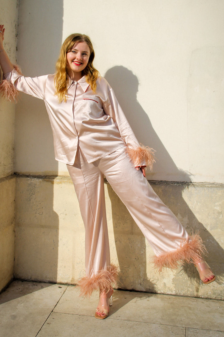 GLAM Silk Party Pajamas Set with Feathers