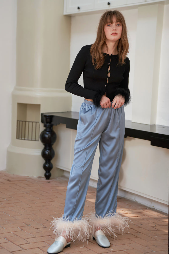 GLAM Silk Wide-leg Long Pants with Feathers