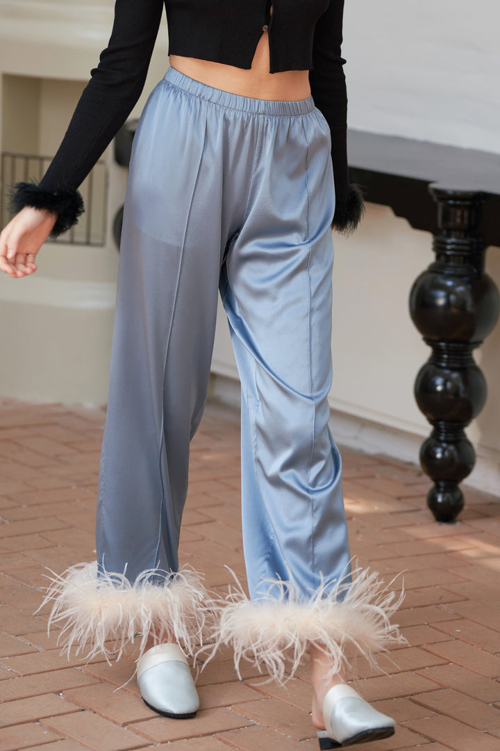 GLAM Silk Wide-leg Long Pants with Feathers