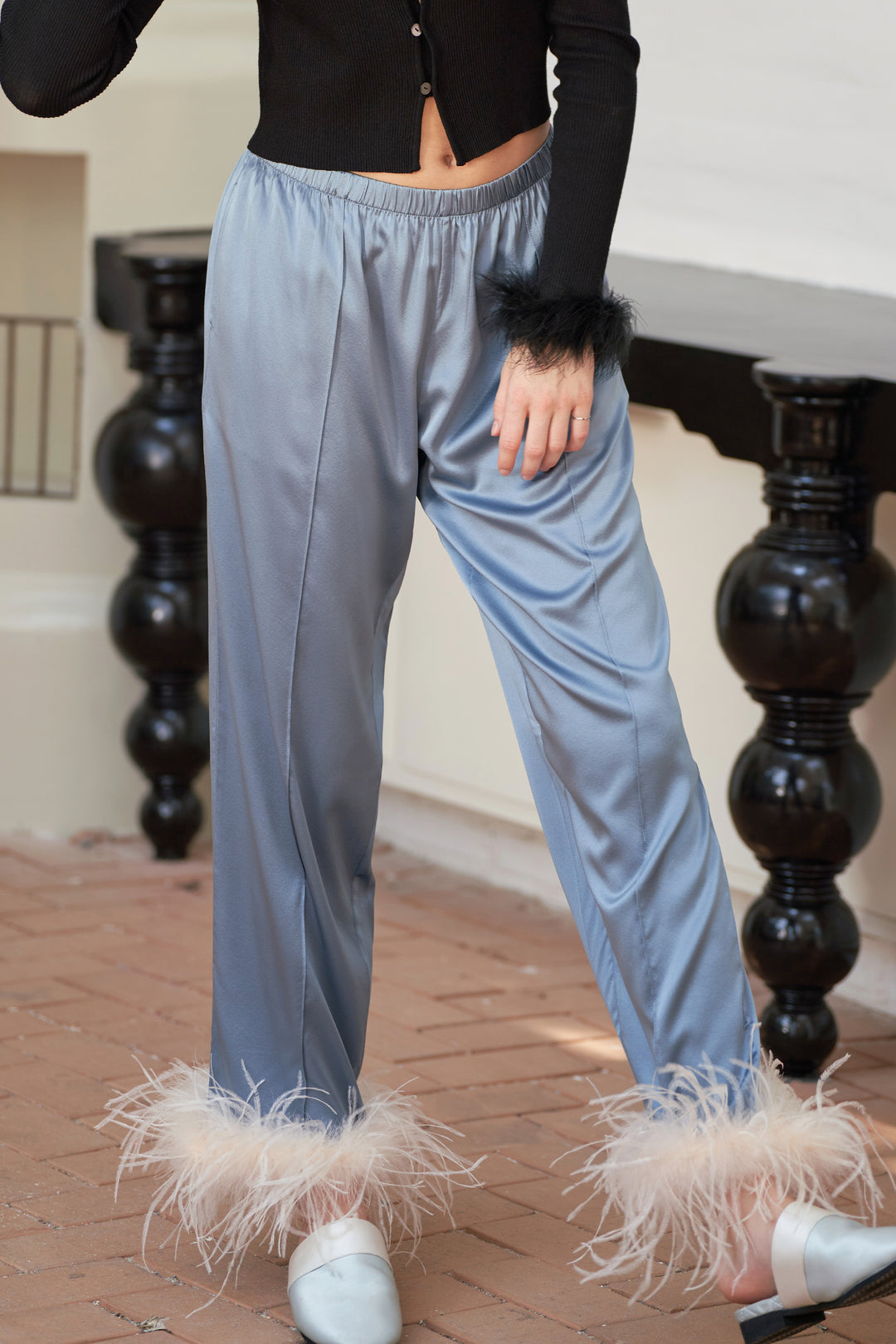 GLAM Silk Wide-leg Long Pants with Feathers