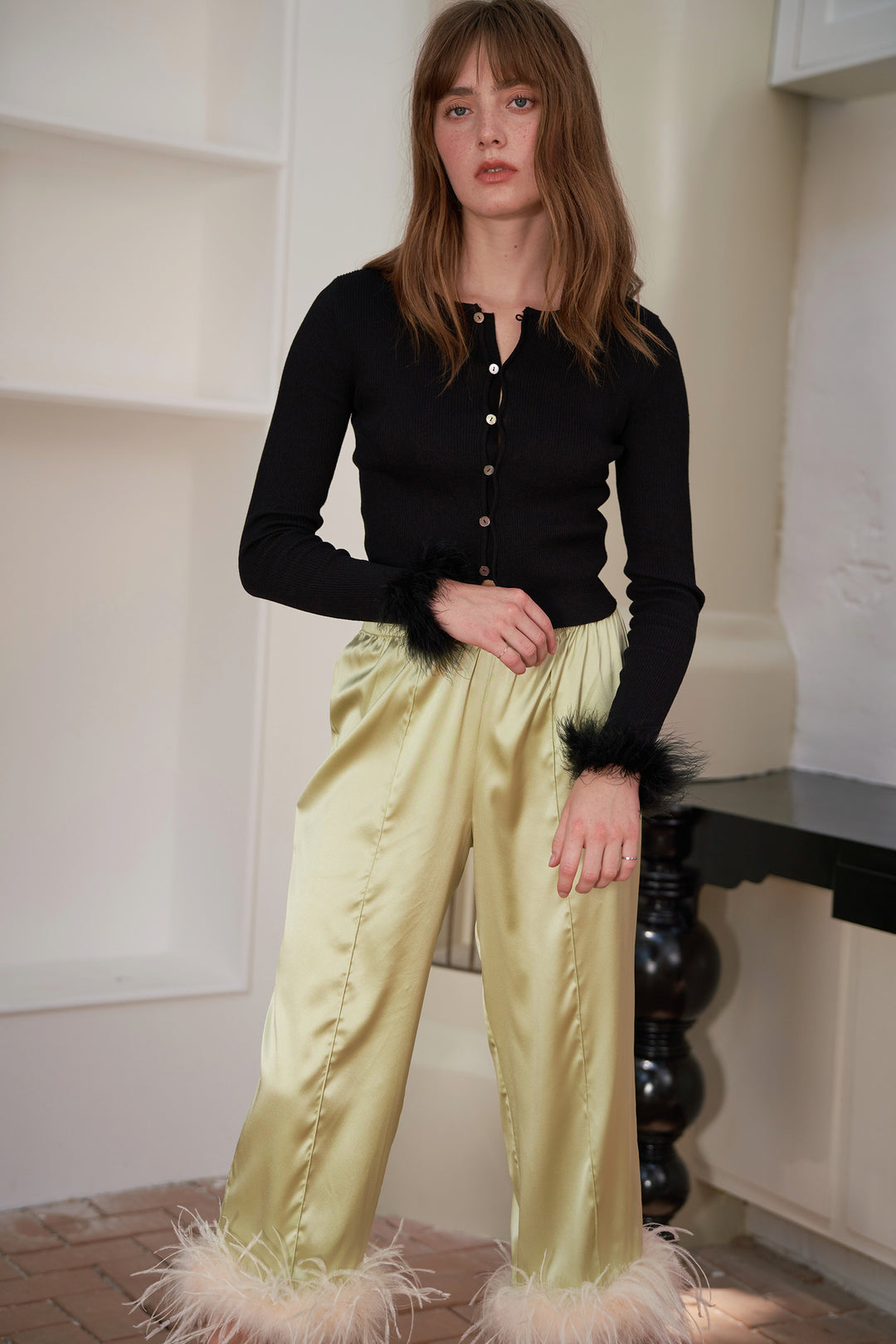 GLAM Silk Wide-leg Long Pants with Feathers