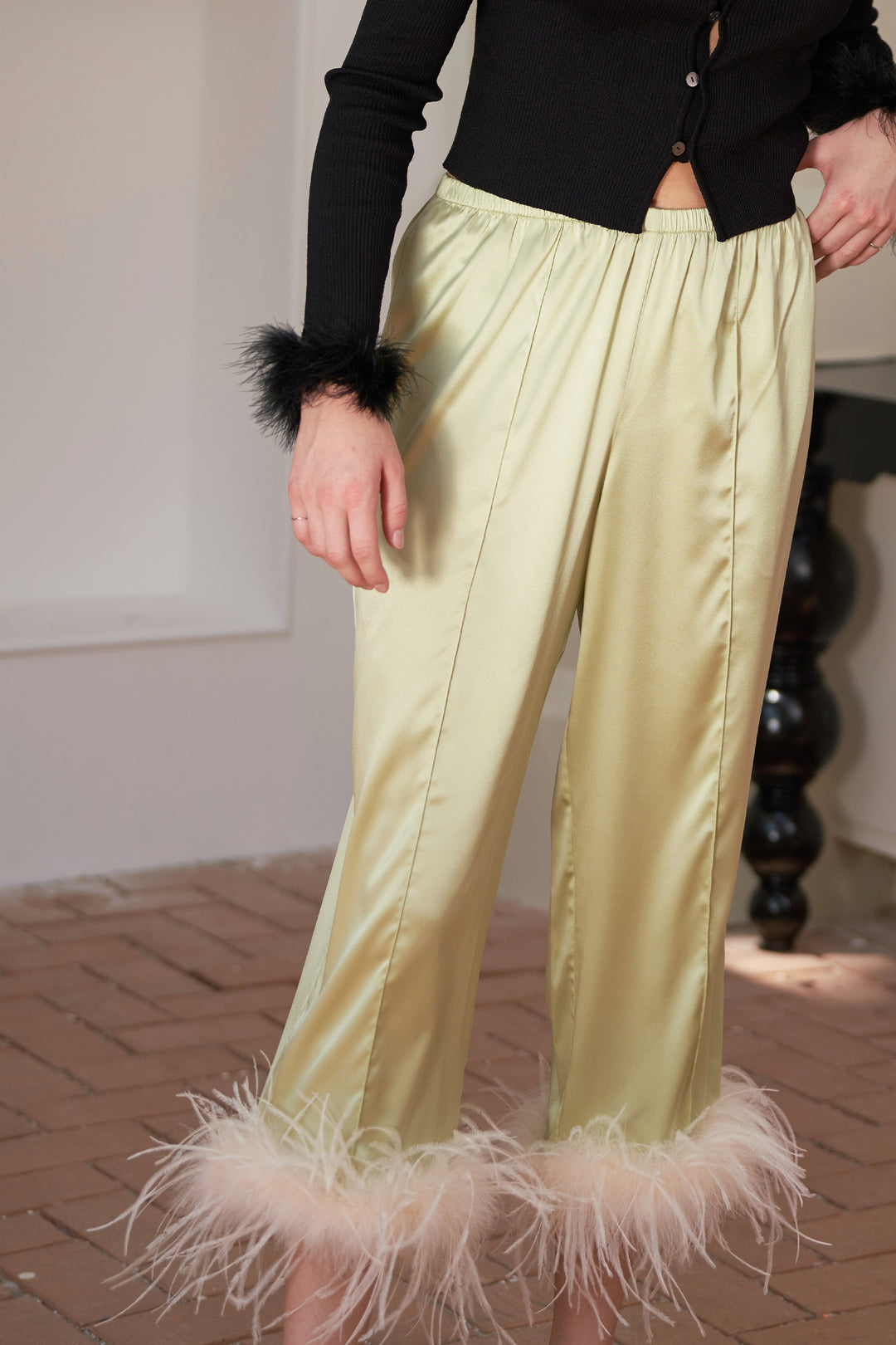 GLAM Silk Wide-leg Long Pants with Feathers